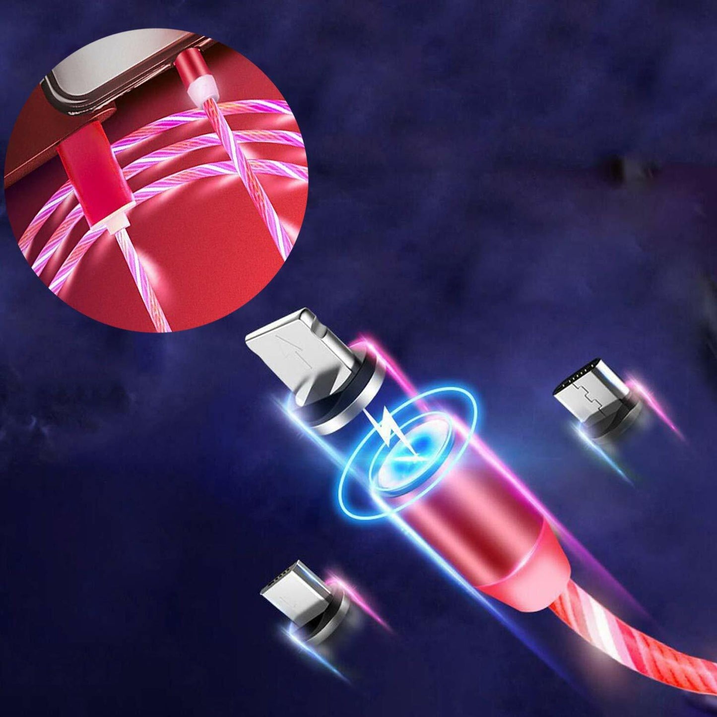 2A LED Flowing Light up Magnetic Fast Charger Cable for Iphone Type-C Micro USB