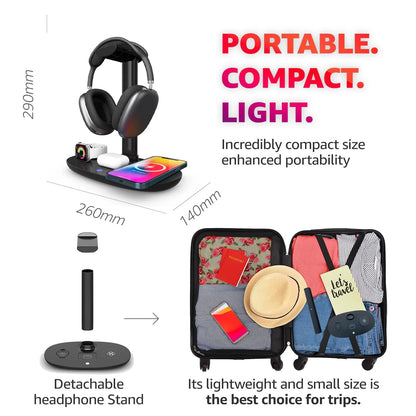 4 in 1 Wireless Charger 15W Headphone Stand for Pods Max/Pro/2/3 Iwatch 7/6/SE/5/4/3/2 Phone 15/14/13/12/11/XS/XR/X, Removable Design Headset Holder