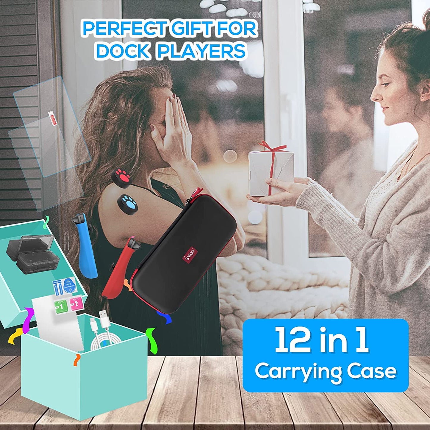 Switch Accessories Bundle -  12 in 1 Accessories Kit with Carrying Case, Screen Protector, Game Storage Case, Silicone Protective Case and Thumb Grip Cap Compatible with Joy-Con (Green)