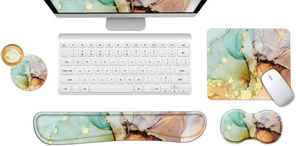 Ergonomic Wrist Rest + Mouse Pad + Keyboard Wrist Support + Coaster, Memory Foam Mousepad Non-Slip Rubber Base Durable Comfortable 4Pcs for Easy Typing Pain Relief, Abstract Art Marble