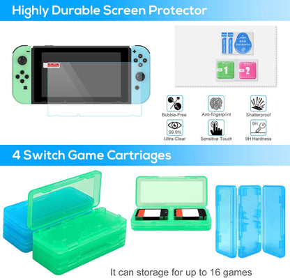 Switch Accessories Bundle -  12 in 1 Accessories Kit with Carrying Case, Screen Protector, Game Storage Case, Silicone Protective Case and Thumb Grip Cap Compatible with Joy-Con (Green)