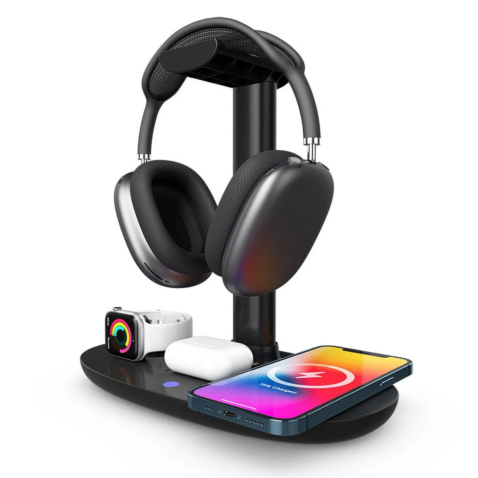 4 in 1 Wireless Charger 15W Headphone Stand for Pods Max/Pro/2/3 Iwatch 7/6/SE/5/4/3/2 Phone 15/14/13/12/11/XS/XR/X, Removable Design Headset Holder