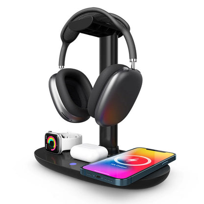 4 in 1 Wireless Charger 15W Headphone Stand for Pods Max/Pro/2/3 Iwatch 7/6/SE/5/4/3/2 Phone 15/14/13/12/11/XS/XR/X, Removable Design Headset Holder