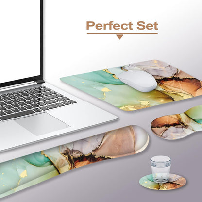 Ergonomic Wrist Rest + Mouse Pad + Keyboard Wrist Support + Coaster, Memory Foam Mousepad Non-Slip Rubber Base Durable Comfortable 4Pcs for Easy Typing Pain Relief, Abstract Art Marble