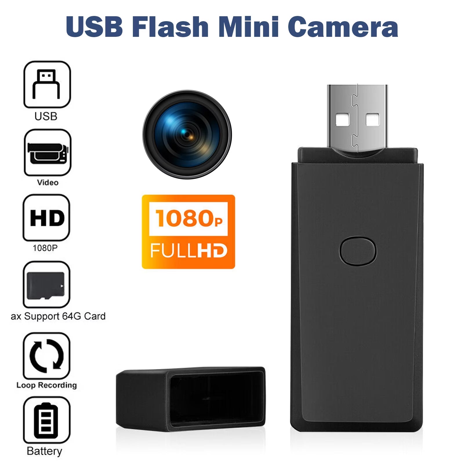 Mini Body Cam (64GB USB Flash Drive Style) – 1080P Security Video, Rechargeable Portable Surveillance Camera