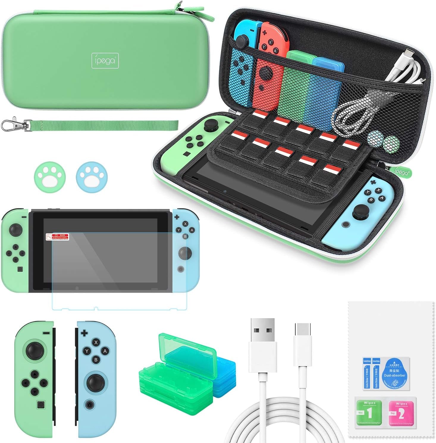Switch Accessories Bundle -  12 in 1 Accessories Kit with Carrying Case, Screen Protector, Game Storage Case, Silicone Protective Case and Thumb Grip Cap Compatible with Joy-Con (Green)